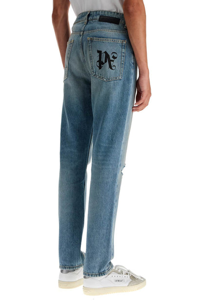 Straight Leg Monogram Print Jeans  - Blue