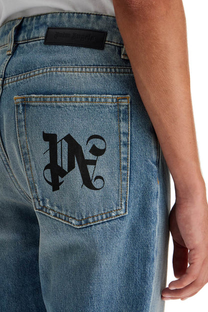 Straight Leg Monogram Print Jeans  - Blue