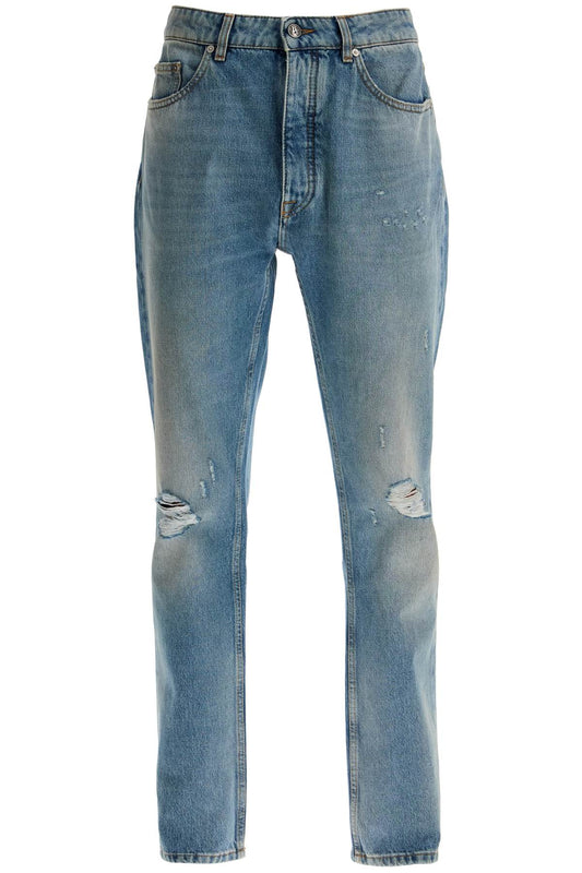 Straight Leg Monogram Print Jeans  - Blue