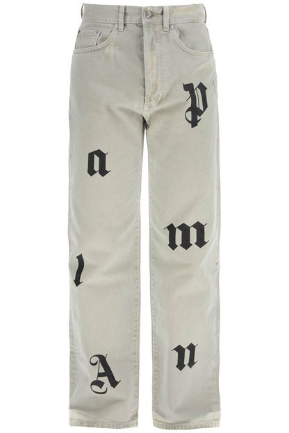 Loose Printed Detail Jeans With Eight  - Grey