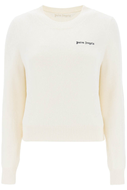 Cropped Sweater With Logo Embroidery  - Bianco