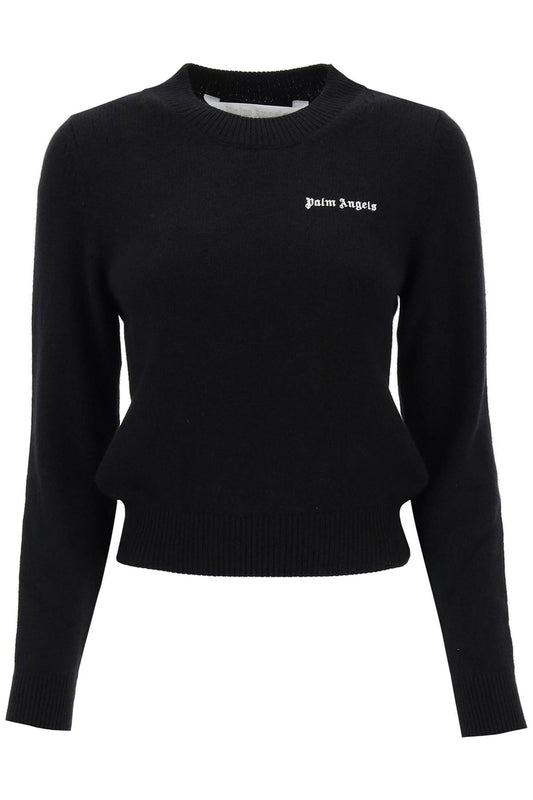 Cropped Sweater With Logo Embroidery  - Nero