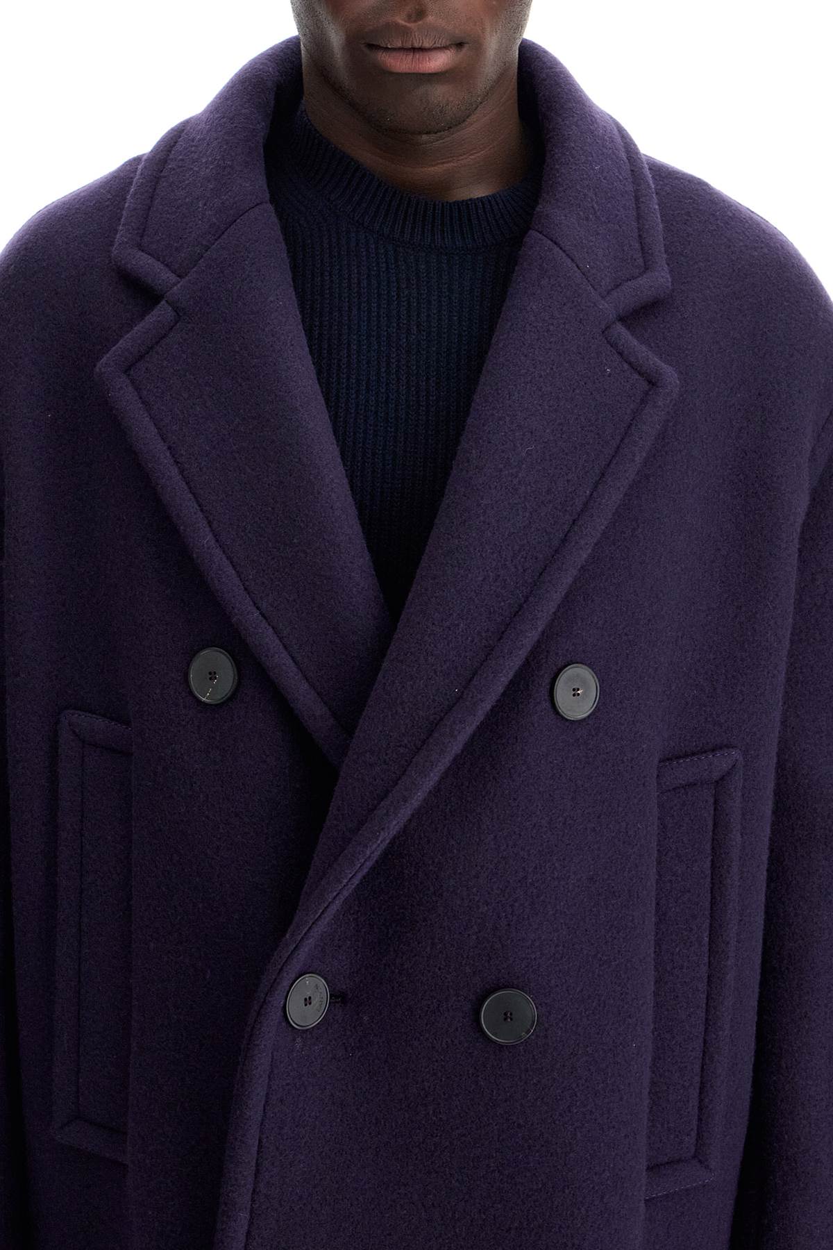 Double-breasted Heavy Wool Coat  - Blue