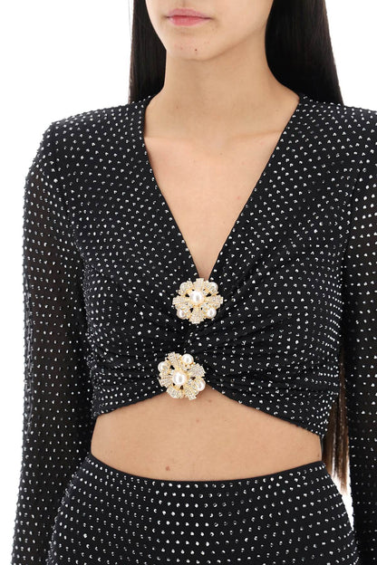 Rhinestone-studded Cropped Top With Diamanté Brooches  - Black