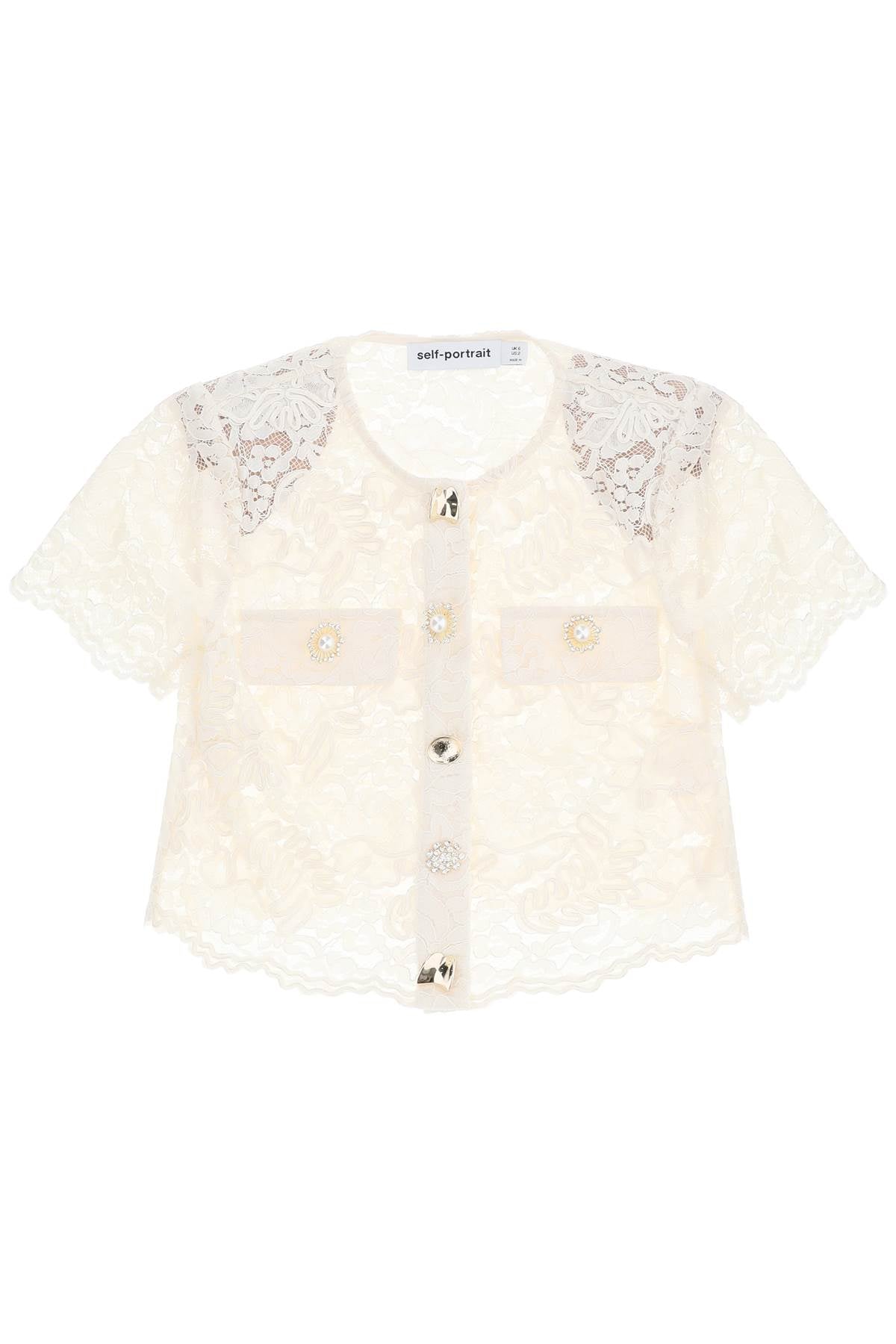 Lace Cropped Top With Diamanté Buttons  - White