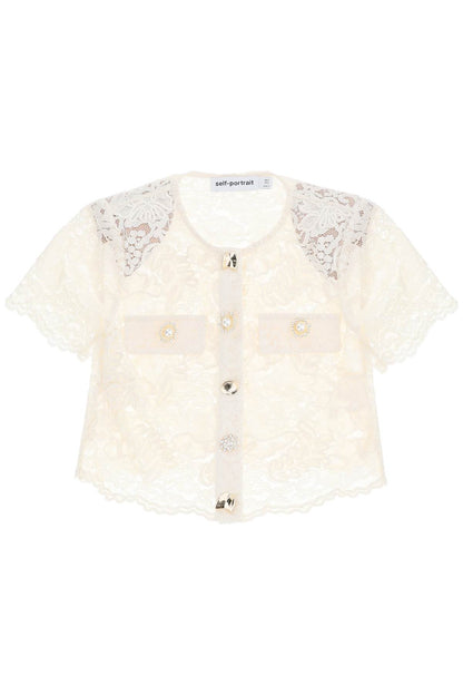 Lace Cropped Top With Diamanté Buttons  - White