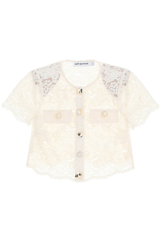 Lace Cropped Top With Diamanté Buttons  - White