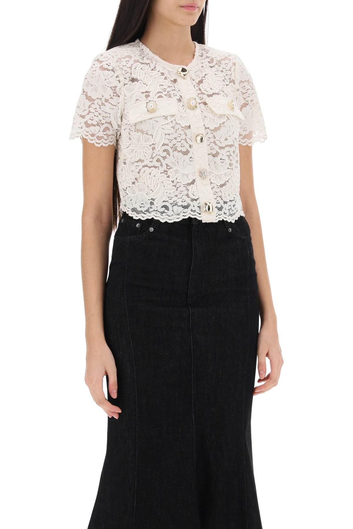 Lace Cropped Top With Diamanté Buttons  - White