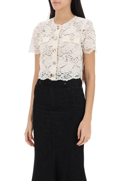 Lace Cropped Top With Diamanté Buttons  - White