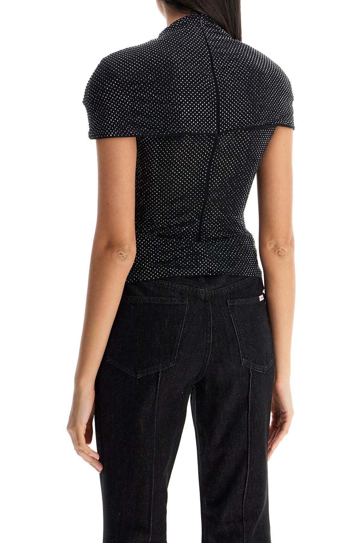 'mesh And Rhinestone Top With Cut  - Black