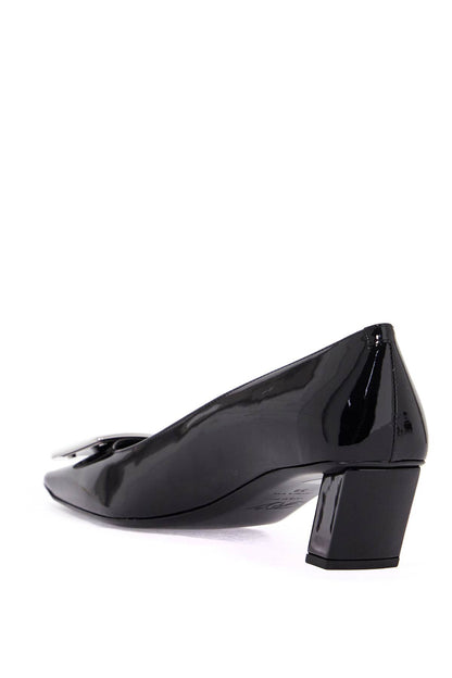 Black Calfskin Pumps With Buckle And Wide Heel  - Black