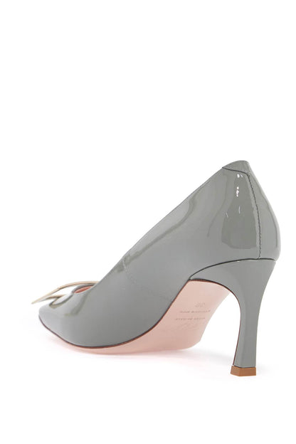 Gray Calfskin Pumps With Golden Buckle And 7cm Stiletto Heel  - Grey