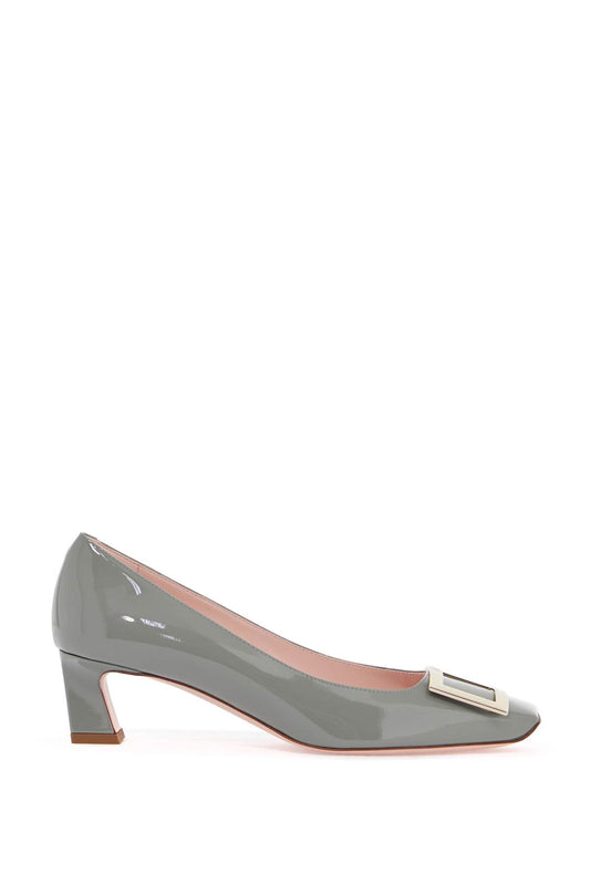 Glossy Grey Calfskin Pumps With Square Wide Heel  - Grey