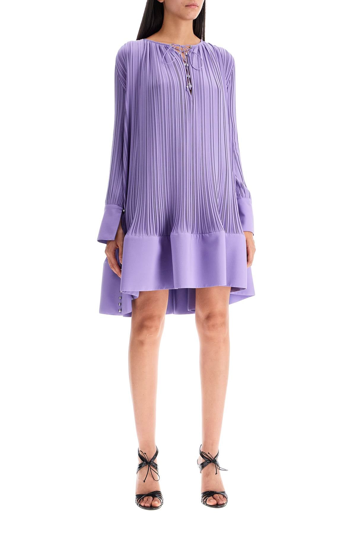 Short Pleated Dress With Ruffles  - Purple