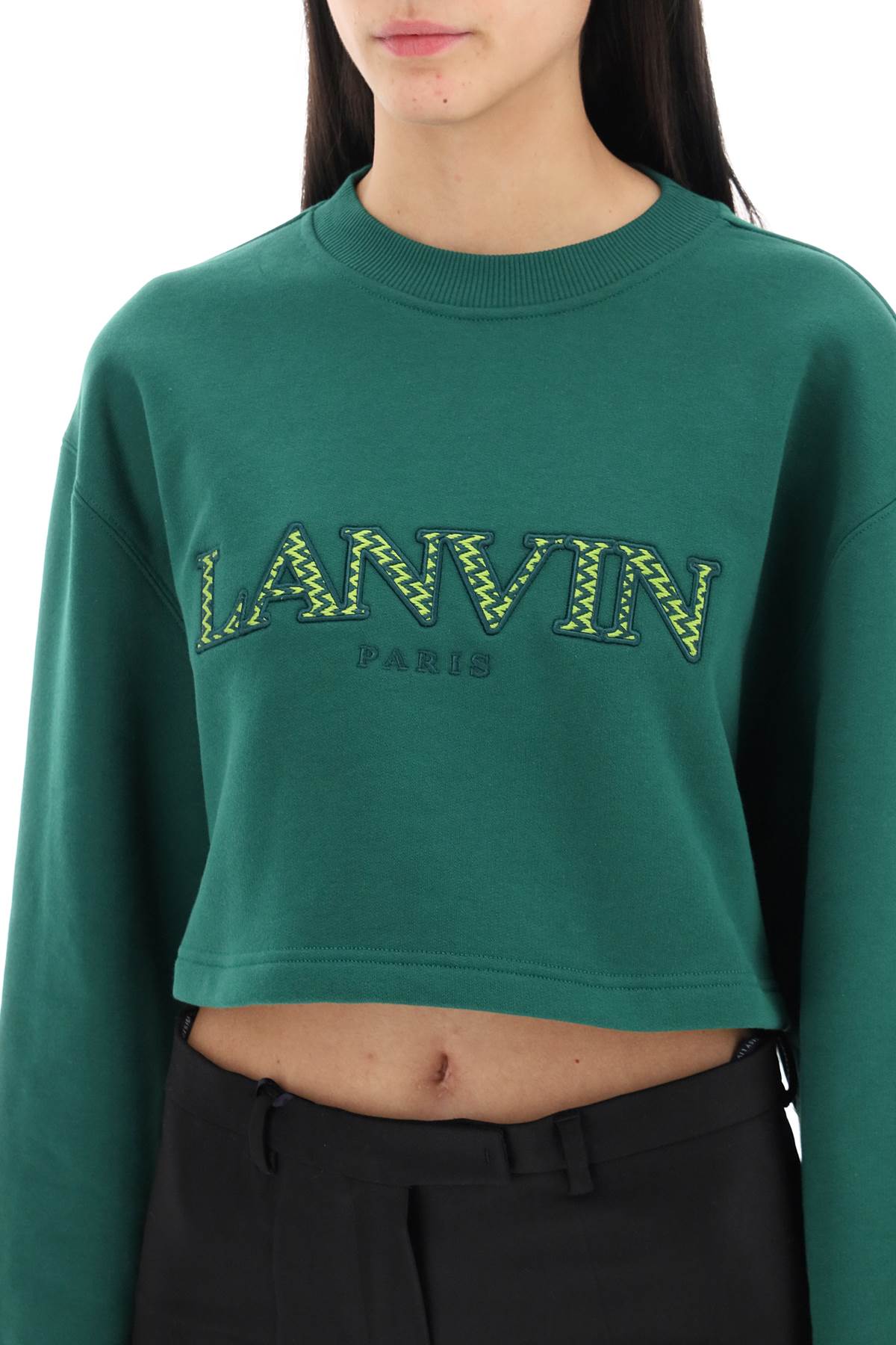 Cropped Sweatshirt With Embroidered Logo Patch  - Green