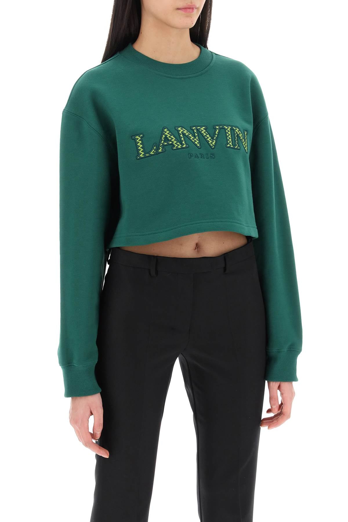 Cropped Sweatshirt With Embroidered Logo Patch  - Green