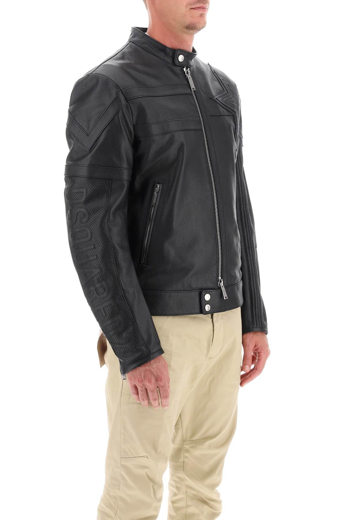 Leather Biker Jacket With Contrasting Lettering  - Nero