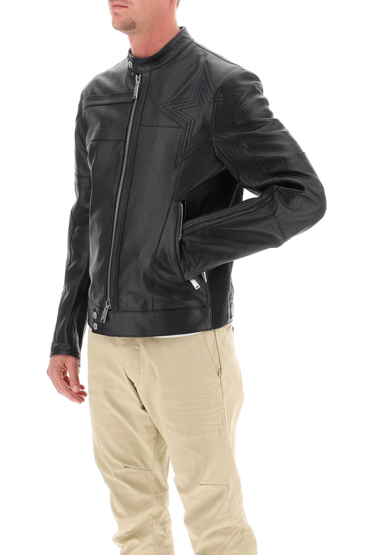 Leather Biker Jacket With Contrasting Lettering  - Nero