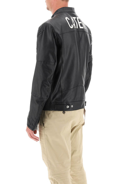 Leather Biker Jacket With Contrasting Lettering  - Nero