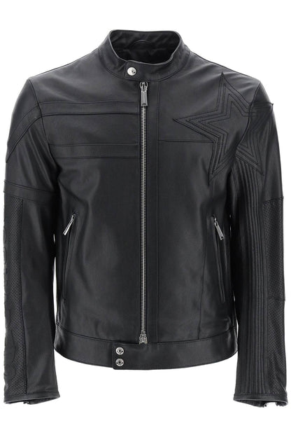 Leather Biker Jacket With Contrasting Lettering  - Nero