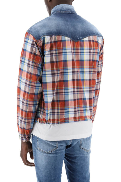 Plaid Western Shirt With Denim Inserts  - Red