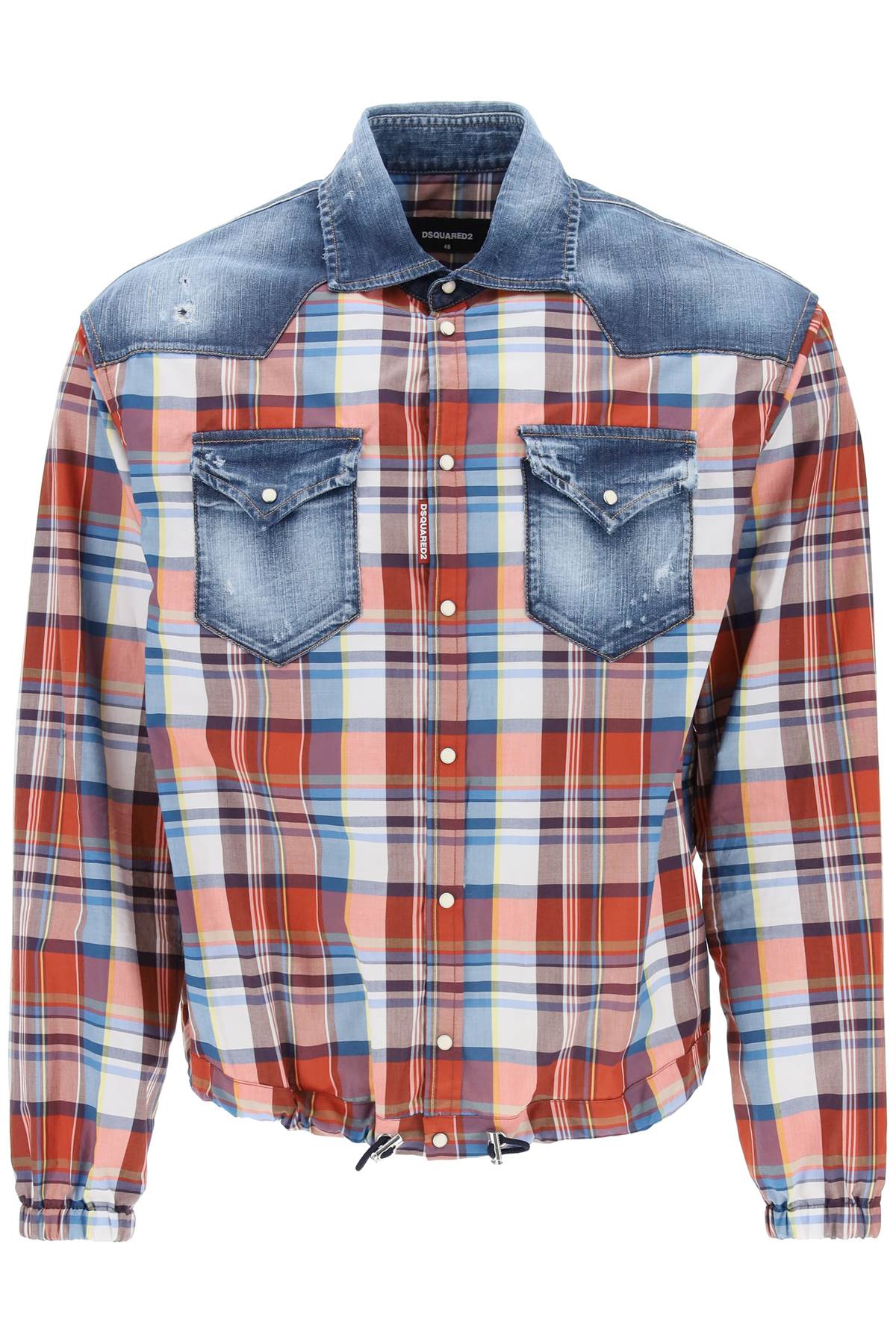 Plaid Western Shirt With Denim Inserts  - Red