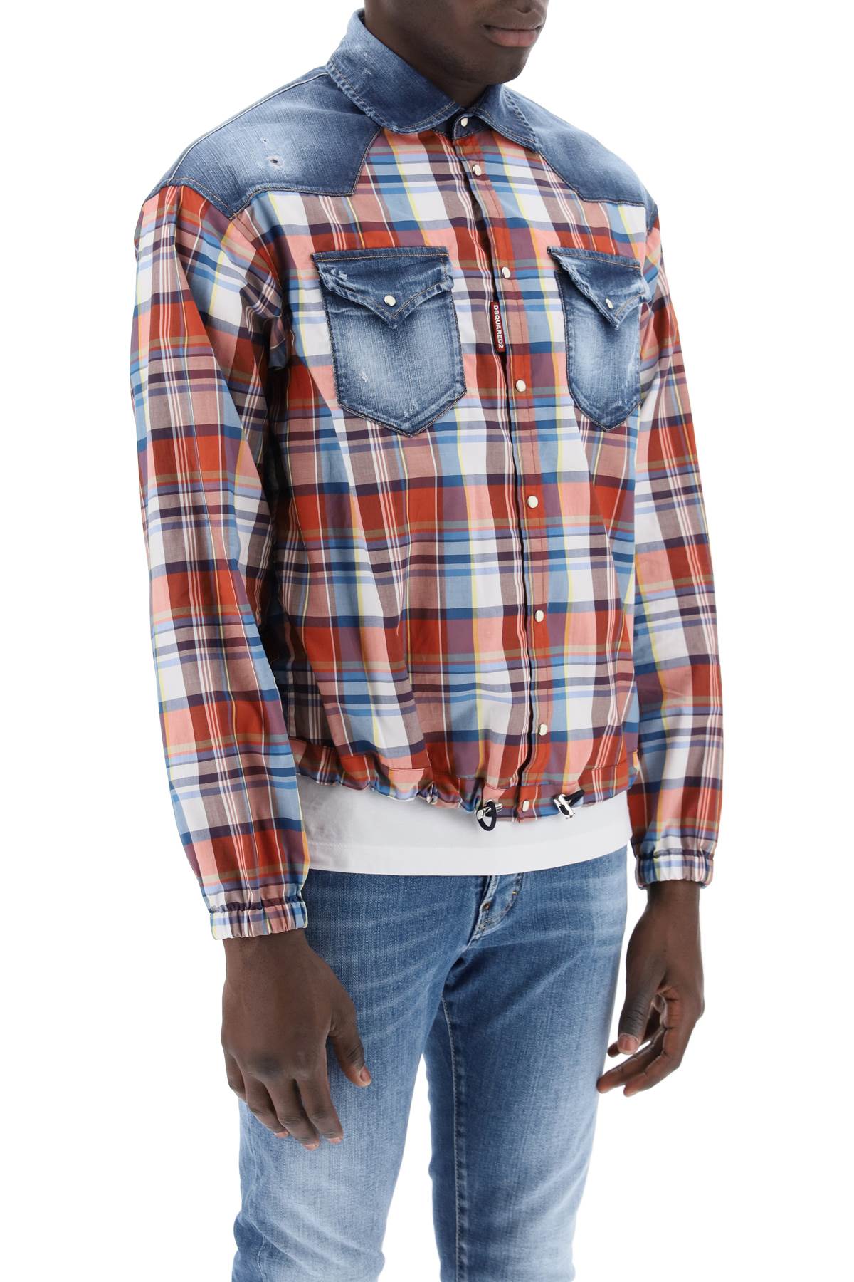 Plaid Western Shirt With Denim Inserts  - Red