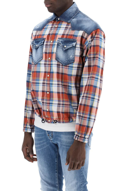 Plaid Western Shirt With Denim Inserts  - Red