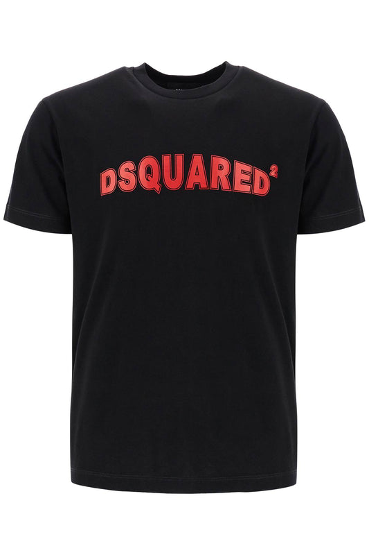 Men's Black Cotton T-shirt With Red Logo  - Black