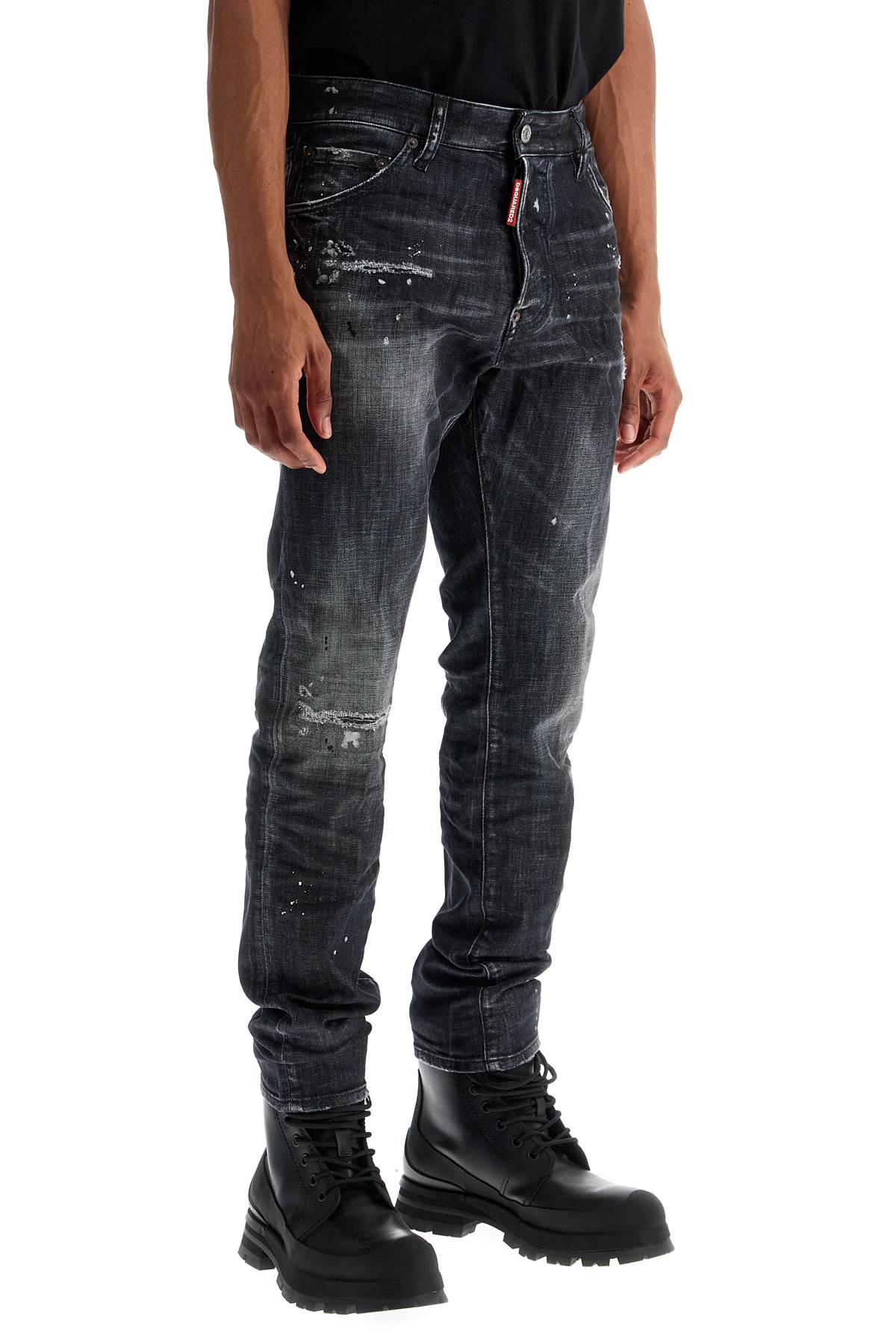 Black Cotton Jeans With White Paint Splatters  - Black