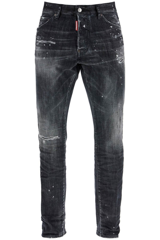 Black Cotton Jeans With White Paint Splatters  - Black