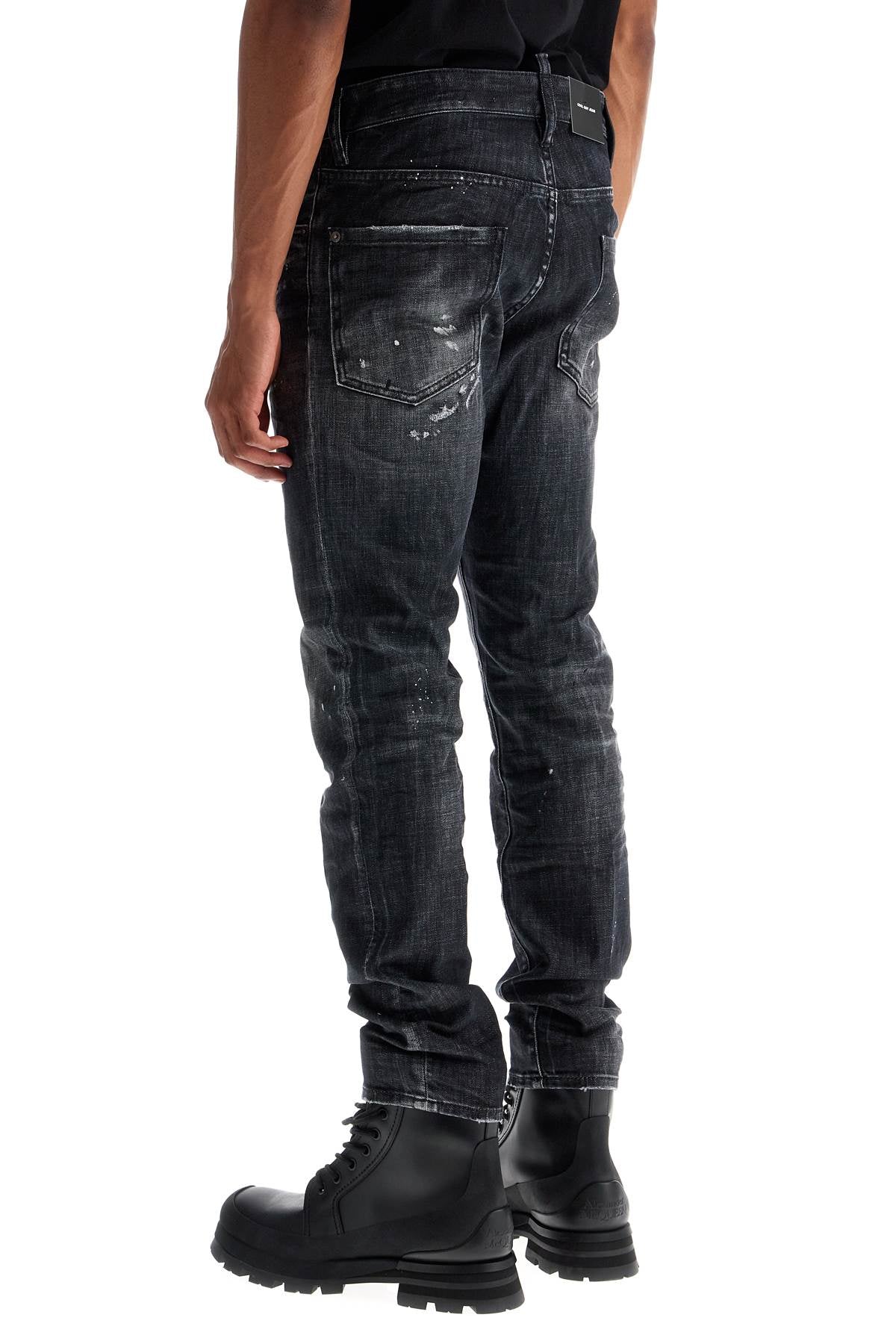 Black Cotton Jeans With White Paint Splatters  - Black