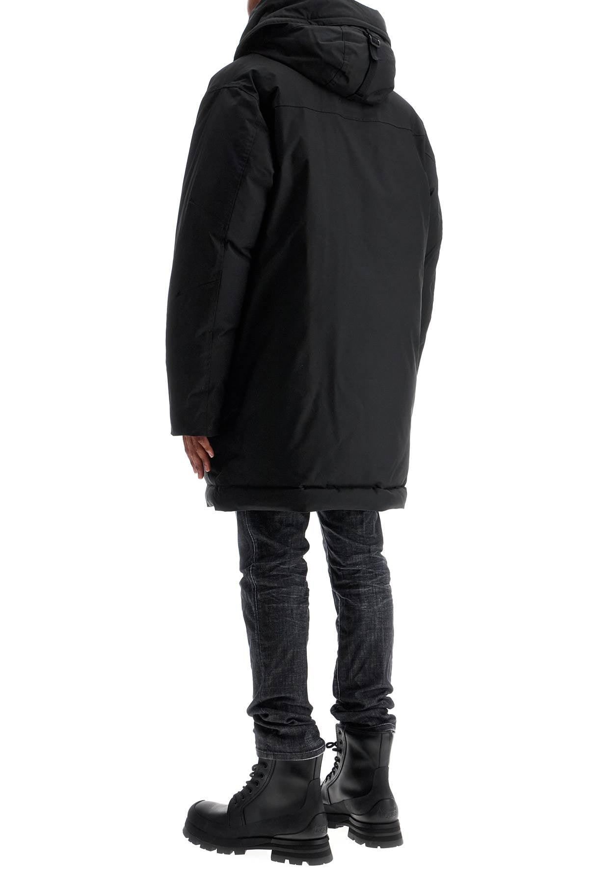 Black Techno Down Polyester Parka With Hood  - Black