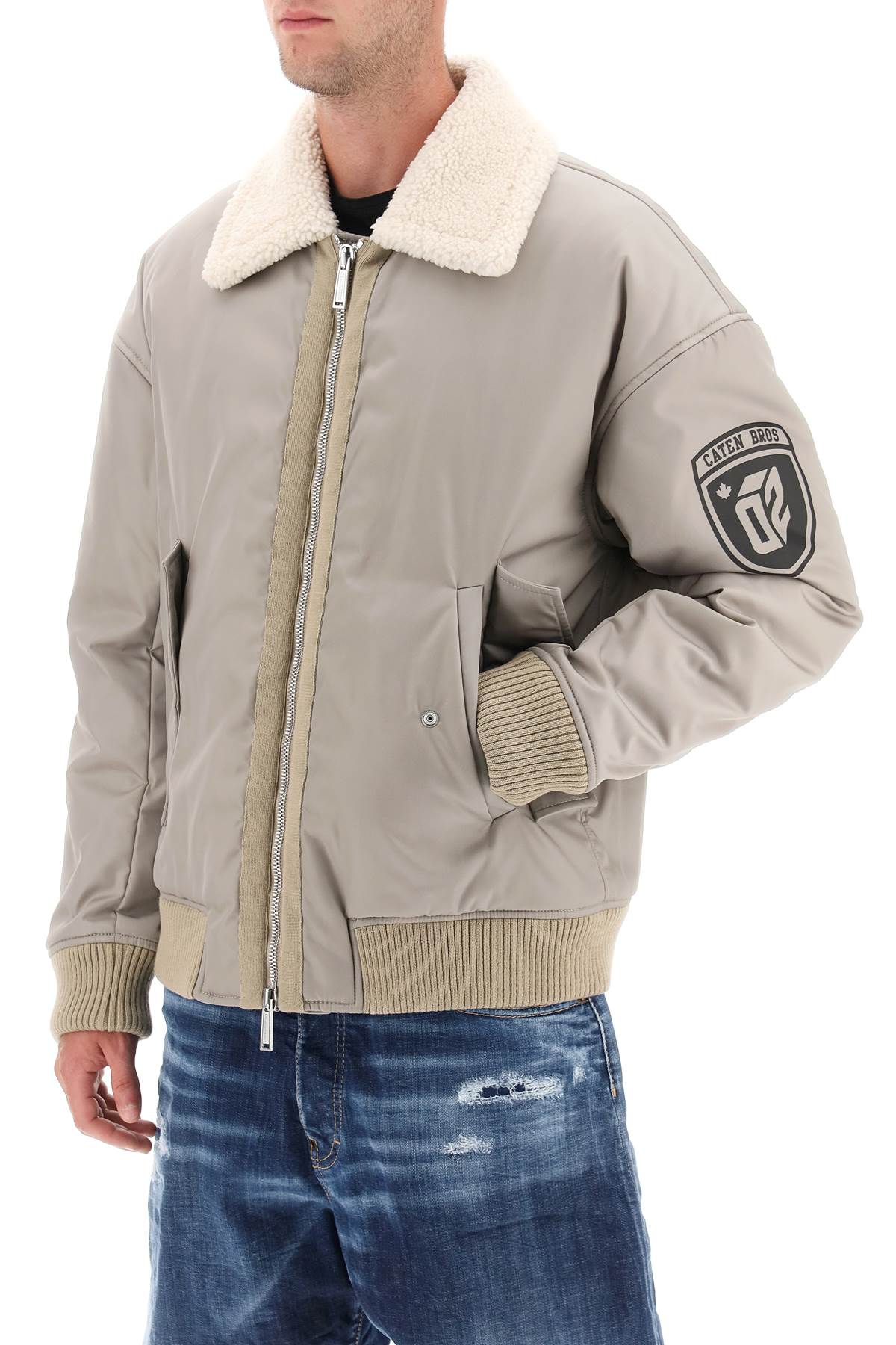 Padded Bomber Jacket With Collar In Lamb Fur  - Grigio