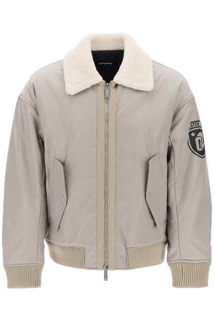 Padded Bomber Jacket With Collar In Lamb Fur  - Grigio