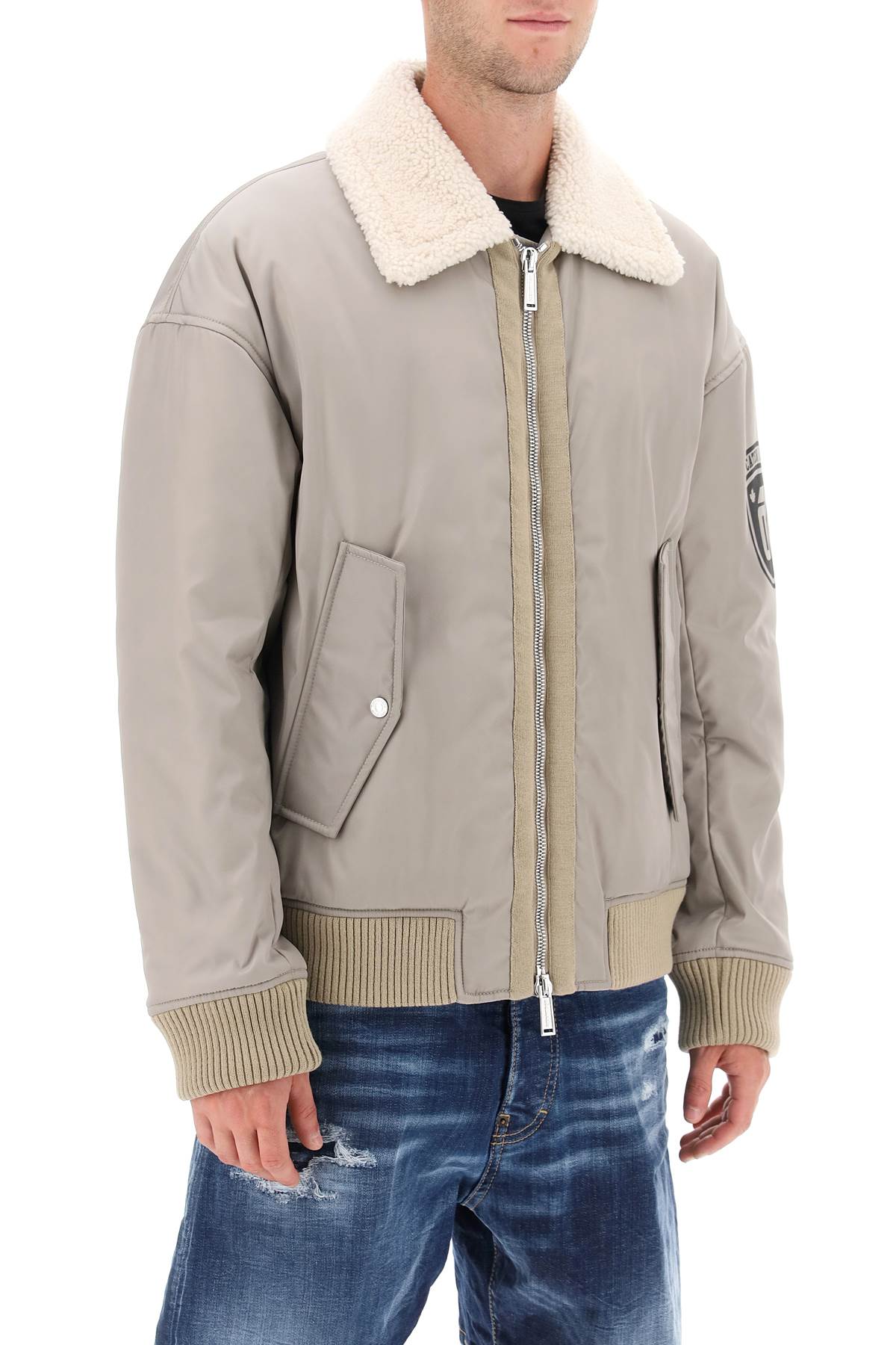 Padded Bomber Jacket With Collar In Lamb Fur  - Grigio