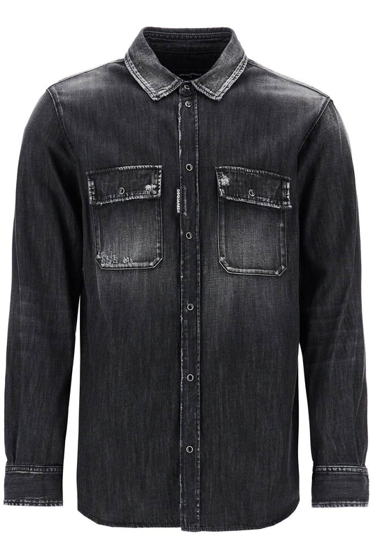 Black Cotton Shirt With Contrast Stitching  - Black