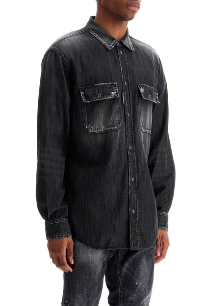 Black Cotton Shirt With Contrast Stitching  - Black