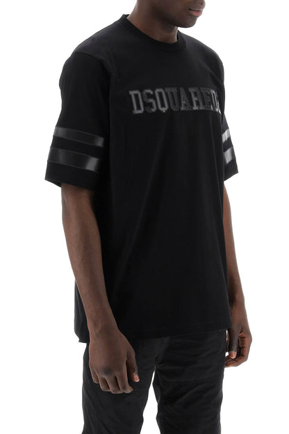 T-shirt With Faux Leather Inserts  - Black