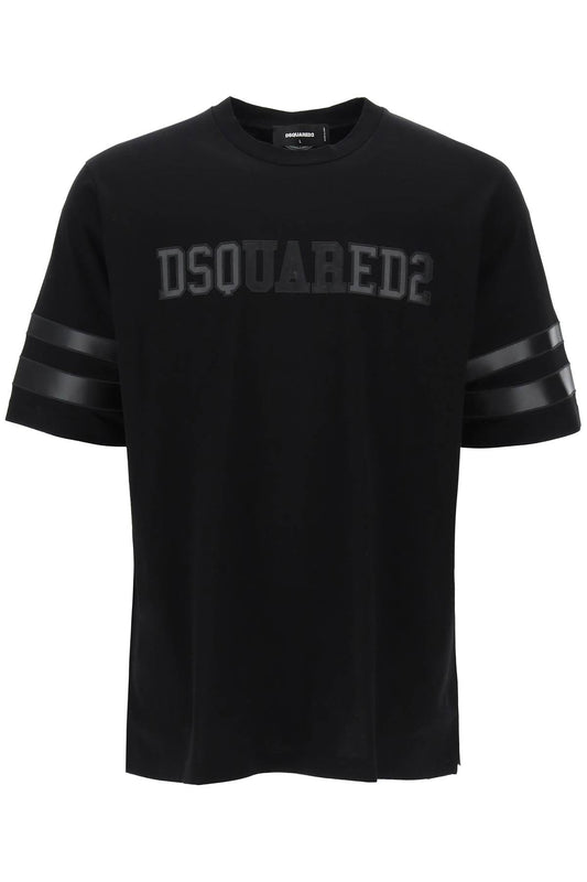 T-shirt With Faux Leather Inserts  - Black