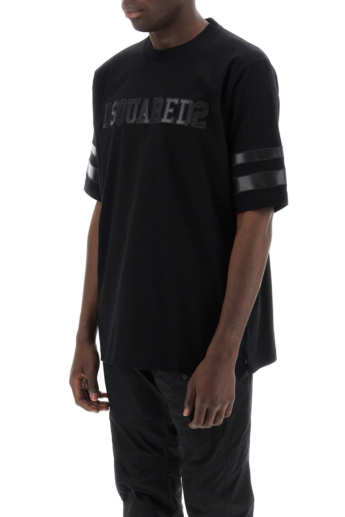 T-shirt With Faux Leather Inserts  - Black