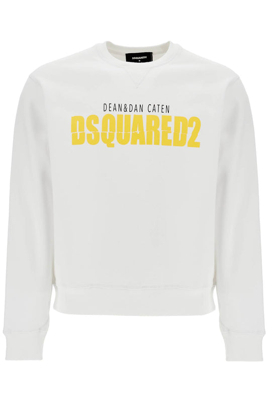 White Cotton Sweatshirt With Distinctive Yellow Logo  - White