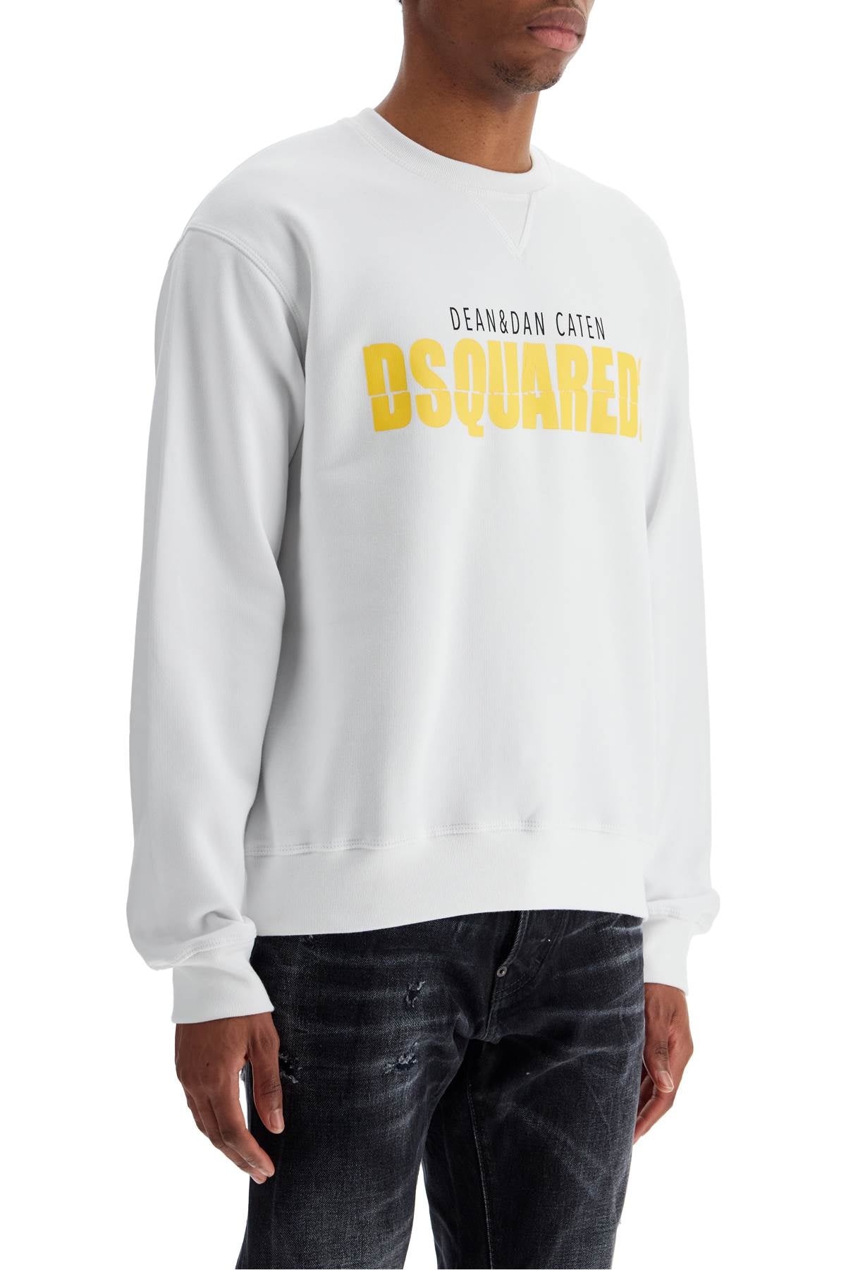 White Cotton Sweatshirt With Distinctive Yellow Logo  - White