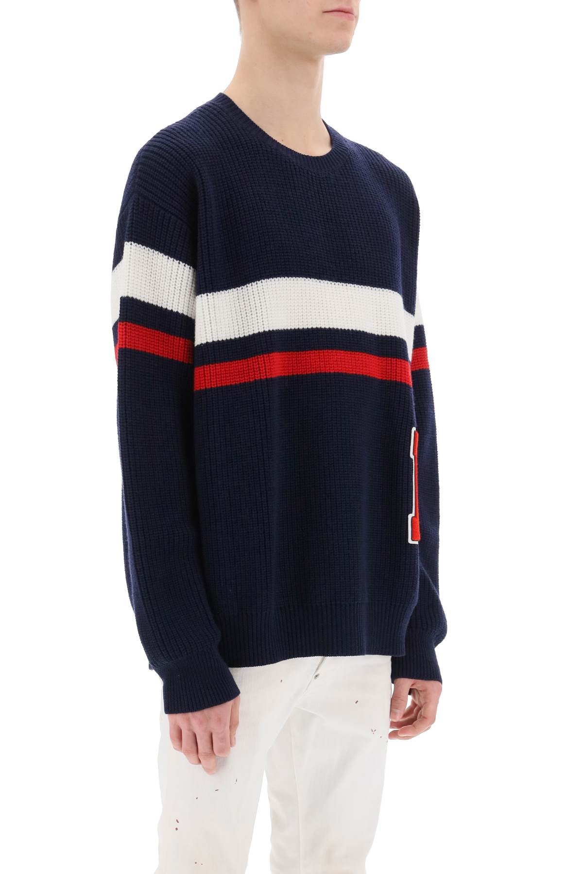 Wool Sweater With Varsity Patch  - Blue