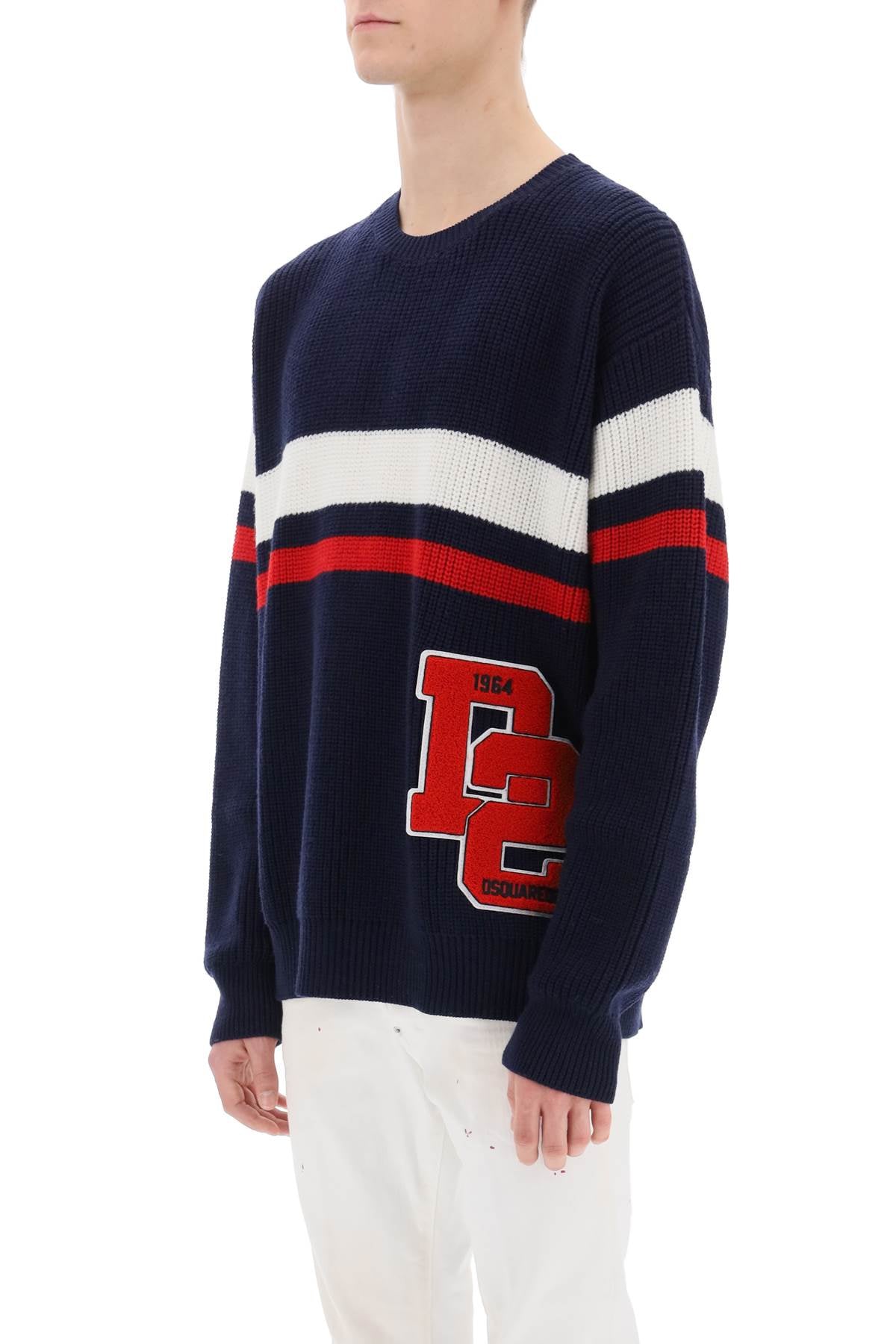 Wool Sweater With Varsity Patch  - Blue