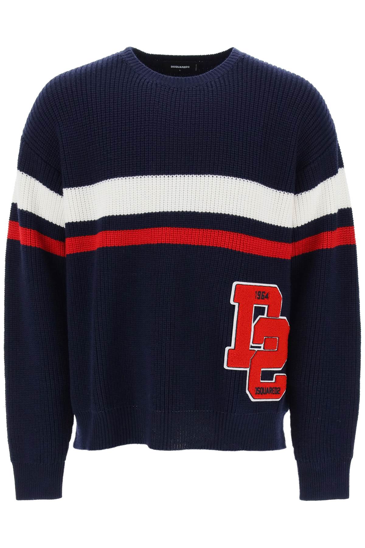 Wool Sweater With Varsity Patch  - Blue