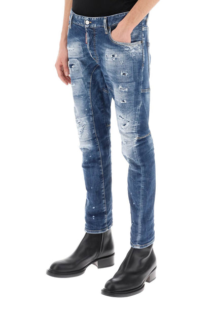 Medium Mended Rips Wash Tidy Biker Jeans  - Blu