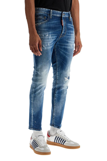 Slim Fit Navy Blue Used Effect Jeans  - Blue