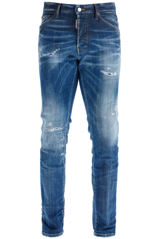 Navy Blue Cotton Jeans With Worn Effect 5 Pockets  - Blue