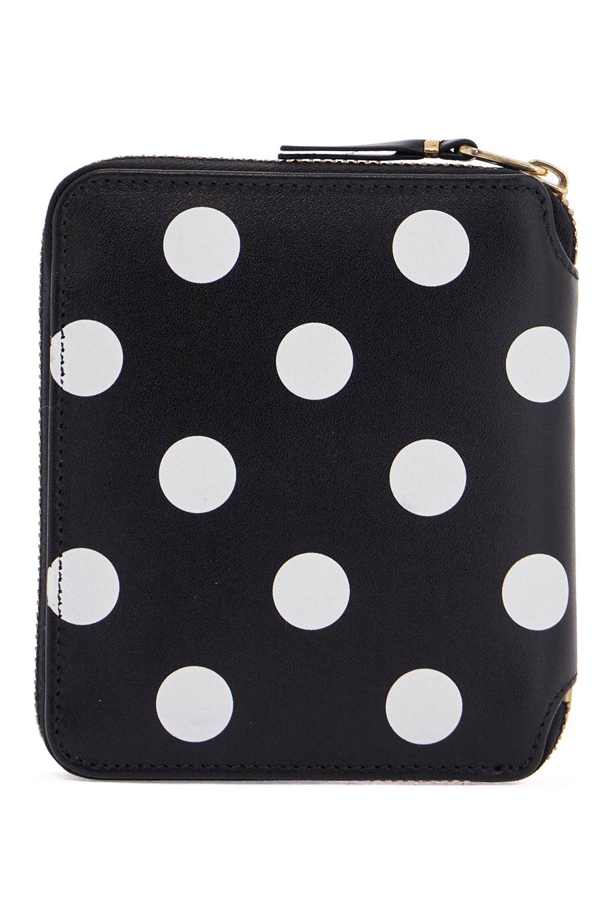 Black Leather Wallet With White Polka Dots And Gold Zip  - Black